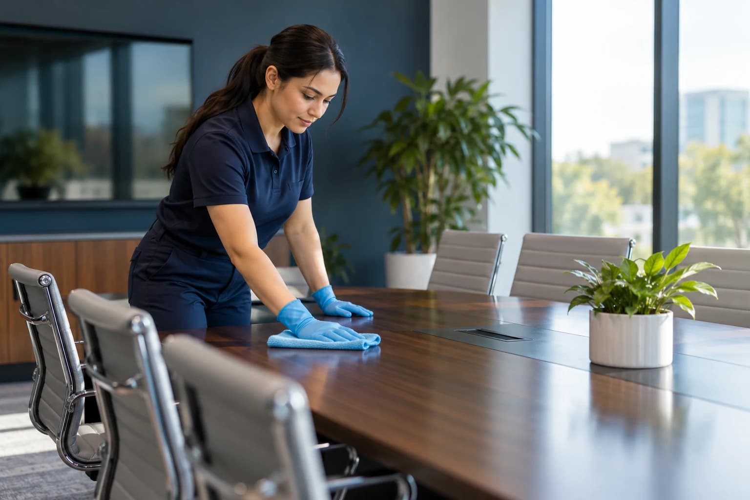 Careful cleaning of a commercial office meeting room